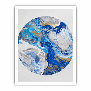 Blue and gold abstract circular canvas art with marble texture for modern living room decor.