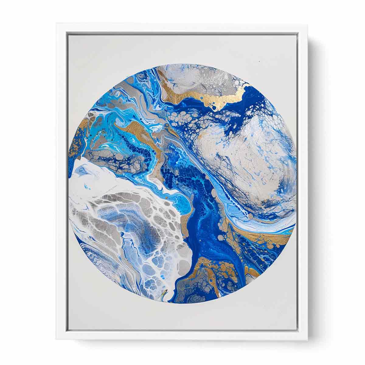 Blue and gold abstract circular canvas art with marble texture for modern living room decor.