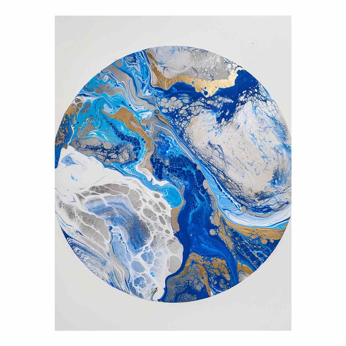 Blue and gold abstract circular canvas art with marble texture for modern living room decor.