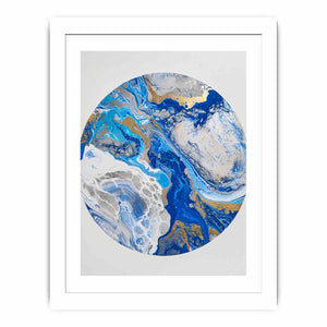 Blue and gold abstract circular canvas art with marble texture for modern living room decor.