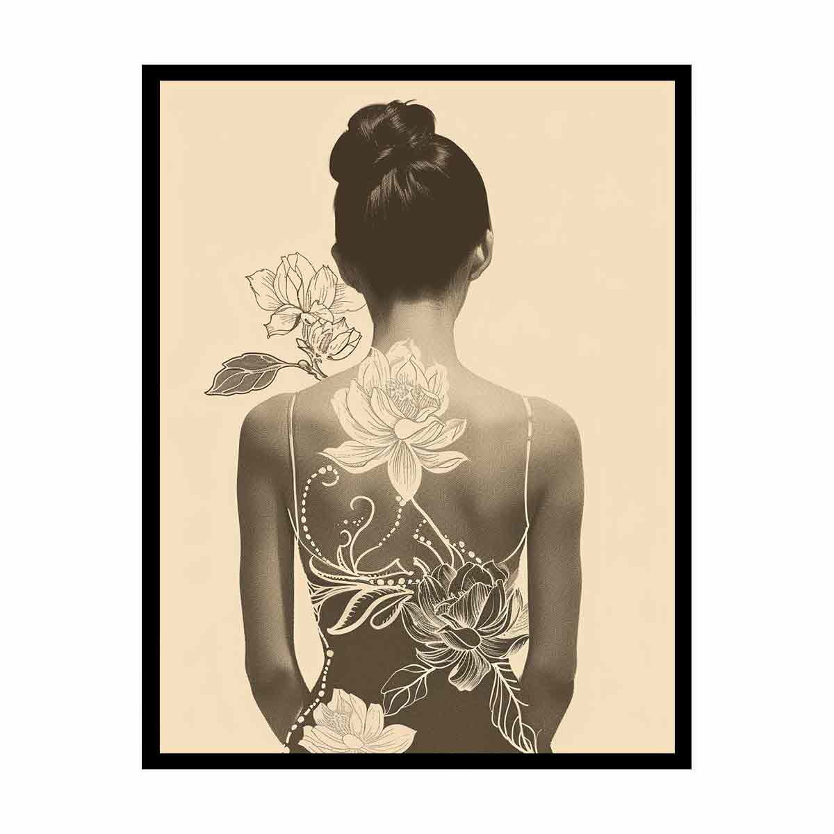 Neutral woman lotus line art canvas print for elegant bedroom or dressing room decor.
