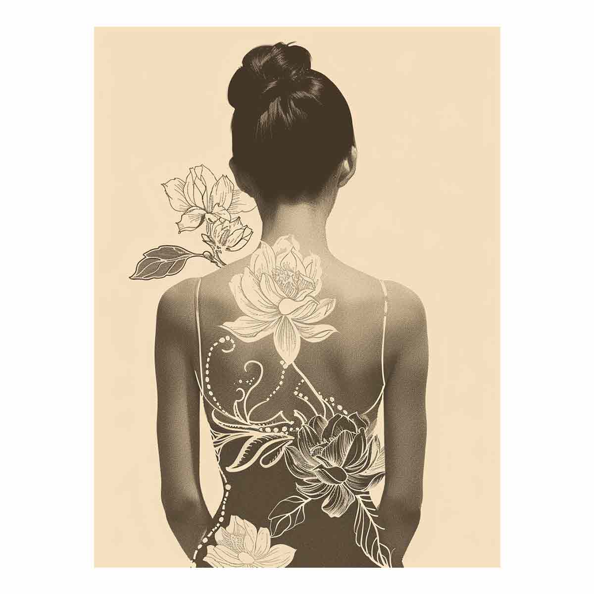 Neutral woman lotus line art canvas print for elegant bedroom or dressing room decor.