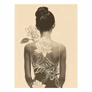 Neutral woman lotus line art canvas print for elegant bedroom or dressing room decor.