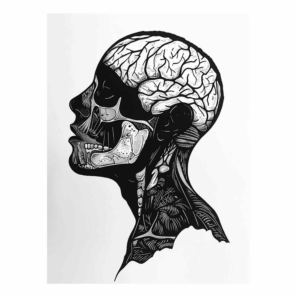 Black and white anatomy profile canvas art with skull and brain for modern office decor.