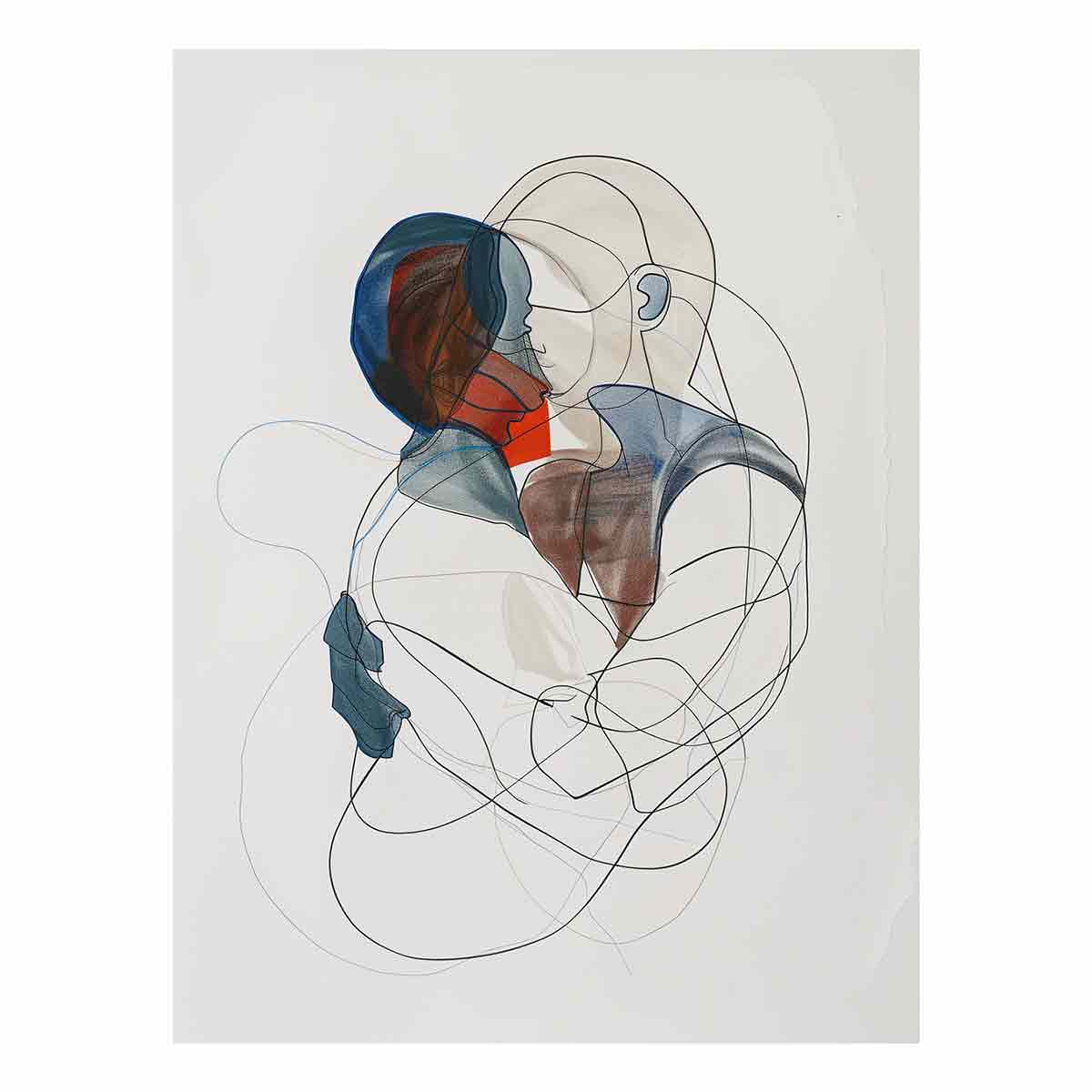 Abstract couple line art canvas print with soft colors for modern bedroom decor.