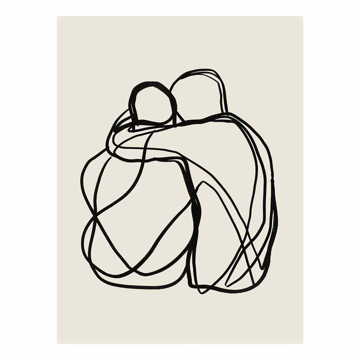 Minimal black couple line art canvas print on cream background for modern bedroom decor.
