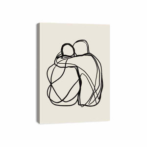 Minimal black couple line art canvas print on cream background for modern bedroom decor.