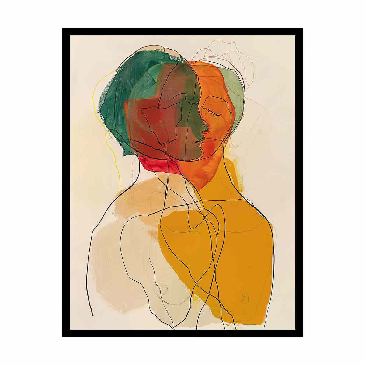 Warm abstract portrait canvas art with overlapping faces for modern living room decor.
