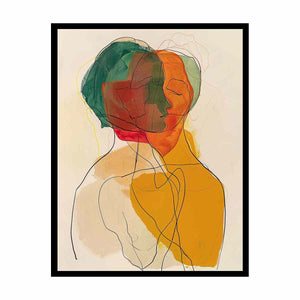 Warm abstract portrait canvas art with overlapping faces for modern living room decor.