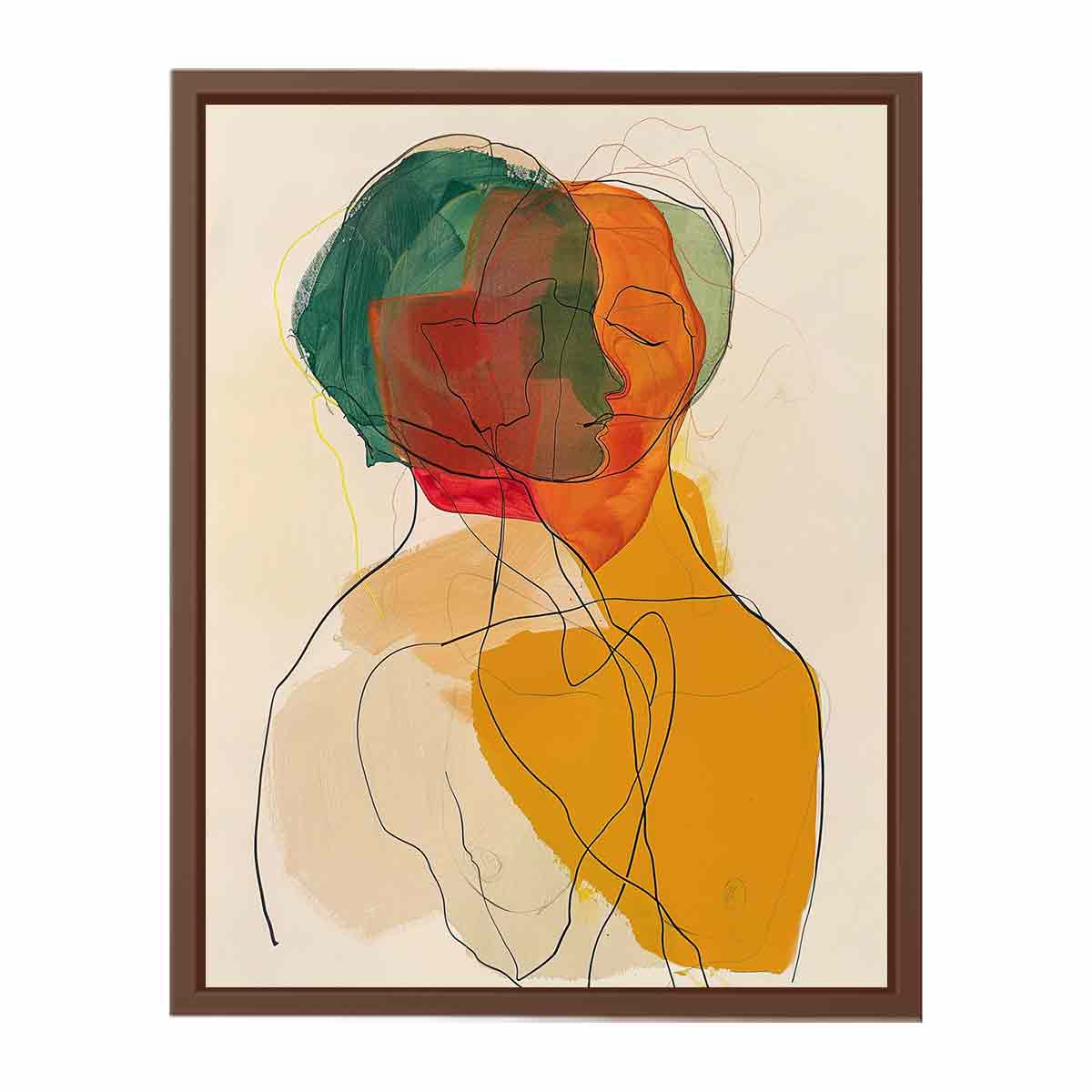 Warm abstract portrait canvas art with overlapping faces for modern living room decor.