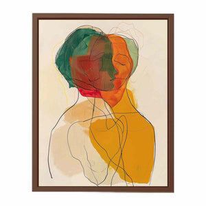 Warm abstract portrait canvas art with overlapping faces for modern living room decor.