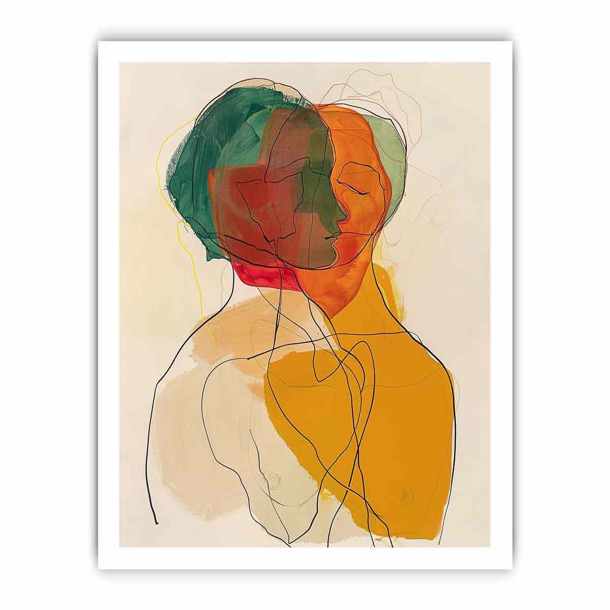 Warm abstract portrait canvas art with overlapping faces for modern living room decor.