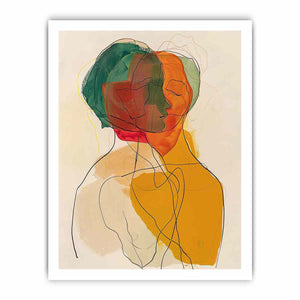 Warm abstract portrait canvas art with overlapping faces for modern living room decor.