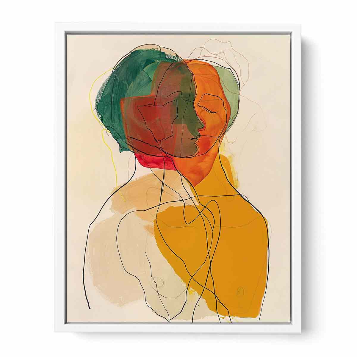 Warm abstract portrait canvas art with overlapping faces for modern living room decor.