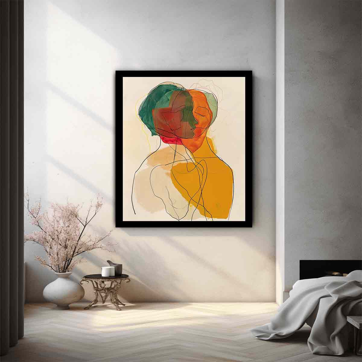Warm abstract portrait canvas art with overlapping faces for modern living room decor.