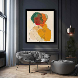 Warm abstract portrait canvas art with overlapping faces for modern living room decor.
