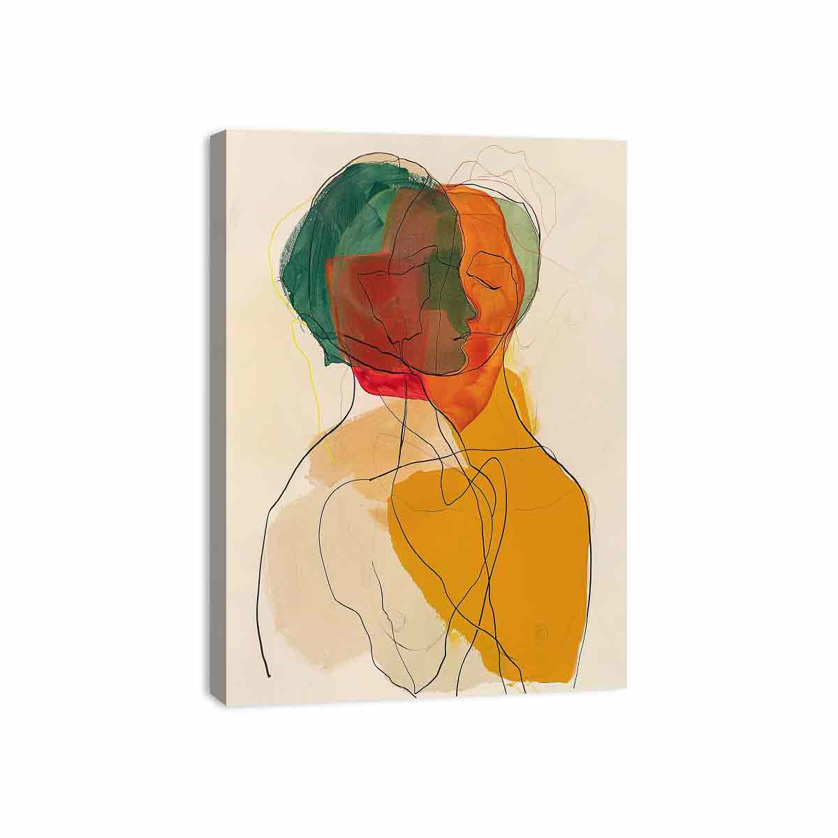 Warm abstract portrait canvas art with overlapping faces for modern living room decor.