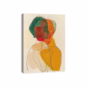 Warm abstract portrait canvas art with overlapping faces for modern living room decor.