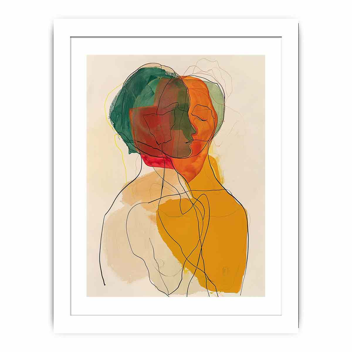 Warm abstract portrait canvas art with overlapping faces for modern living room decor.