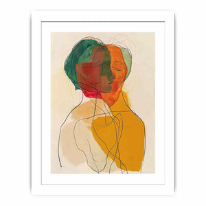Warm abstract portrait canvas art with overlapping faces for modern living room decor.