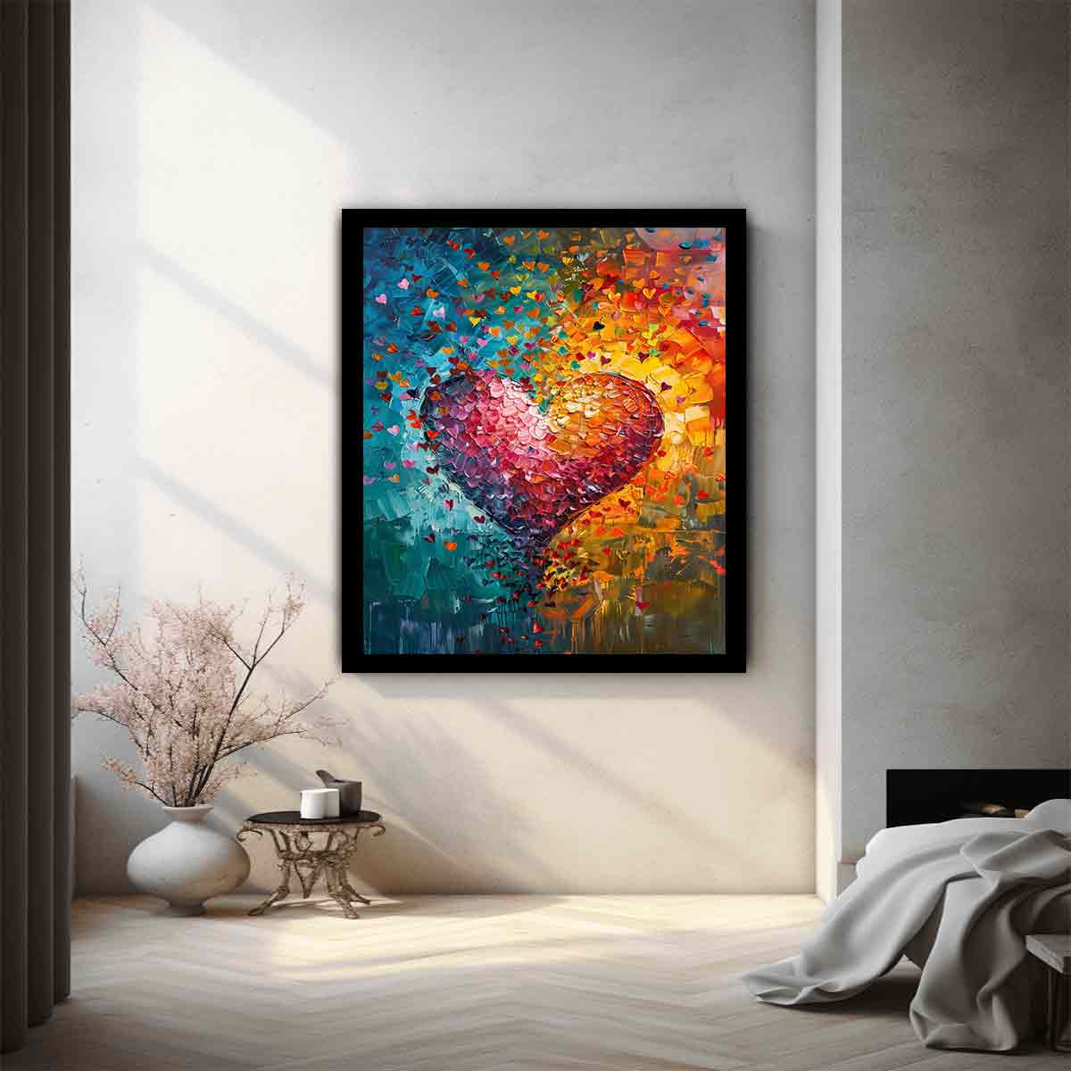 Colorful abstract heart canvas art for romantic modern living room decor.