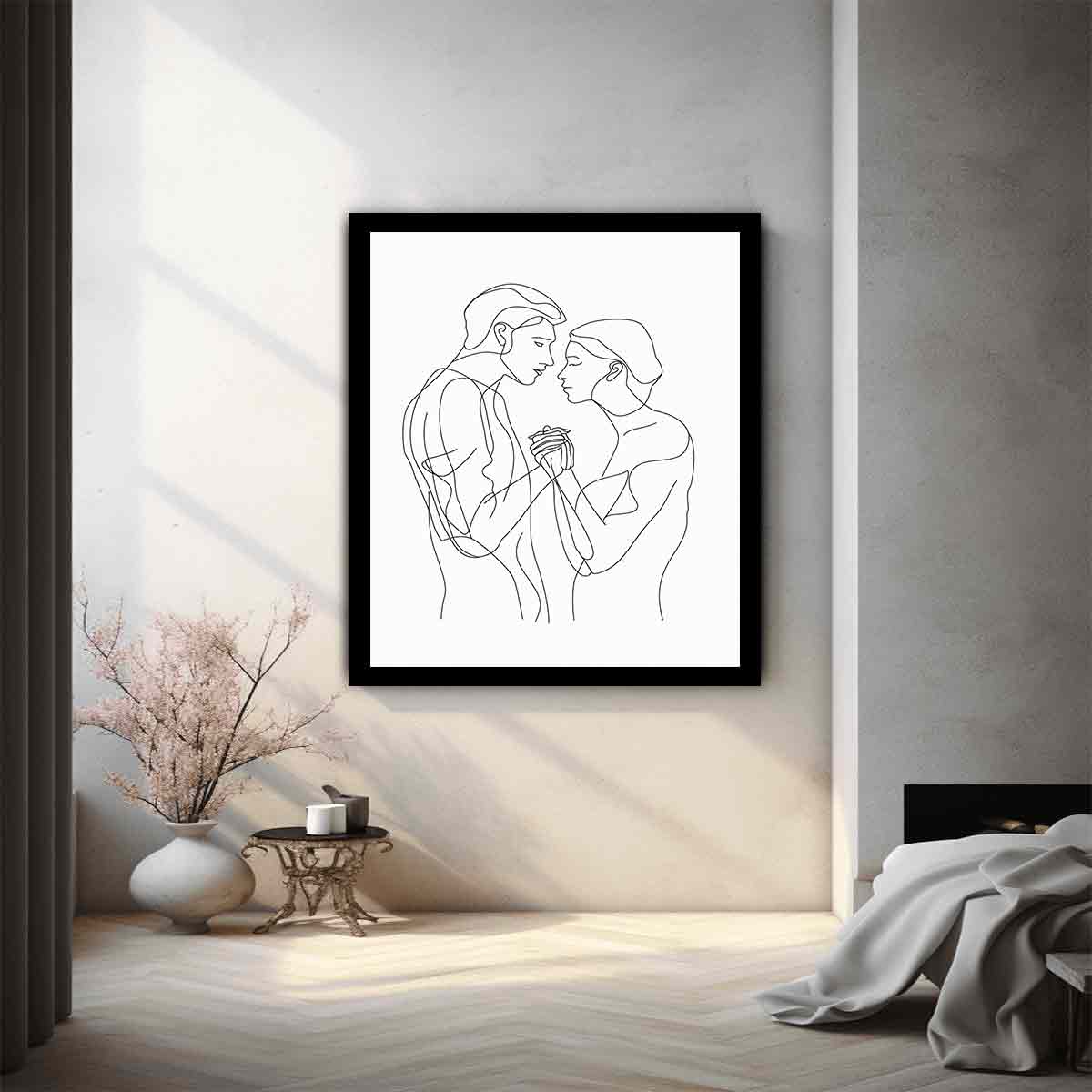 Minimal couple line art canvas for romantic modern bedroom decor.