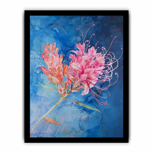 Pink lily watercolor canvas art on blue background for fresh living room decor.