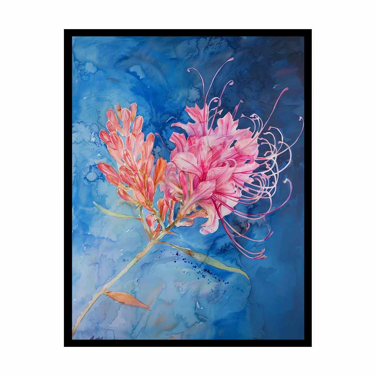 Pink lily watercolor canvas art on blue background for fresh living room decor.
