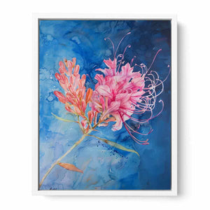 Pink lily watercolor canvas art on blue background for fresh living room decor.