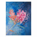 Pink lily watercolor canvas art on blue background for fresh living room decor.