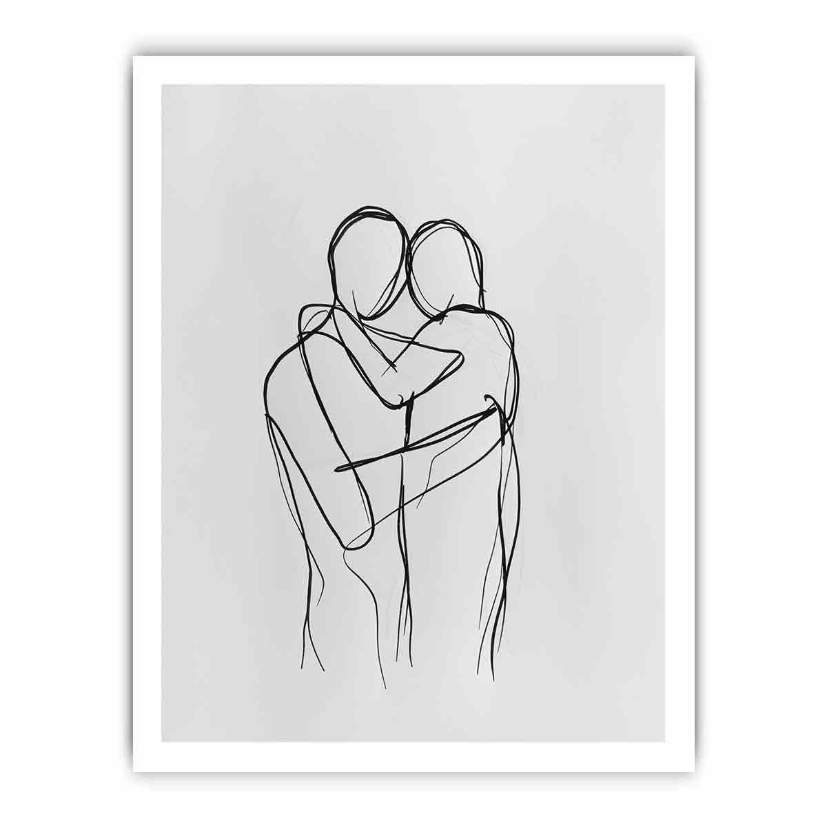 Minimal couple embrace canvas art for calm modern bedroom decor.