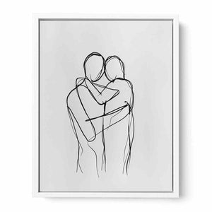 Minimal couple embrace canvas art for calm modern bedroom decor.
