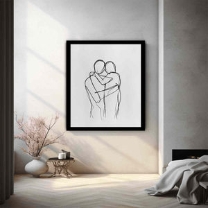 Minimal couple embrace canvas art for calm modern bedroom decor.