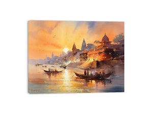 Banaras Ghat sunset watercolor canvas art for spiritual living room decor.