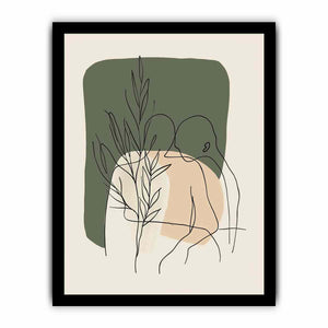 Botanical line art print with olive green shapes for earthy bedroom decor.