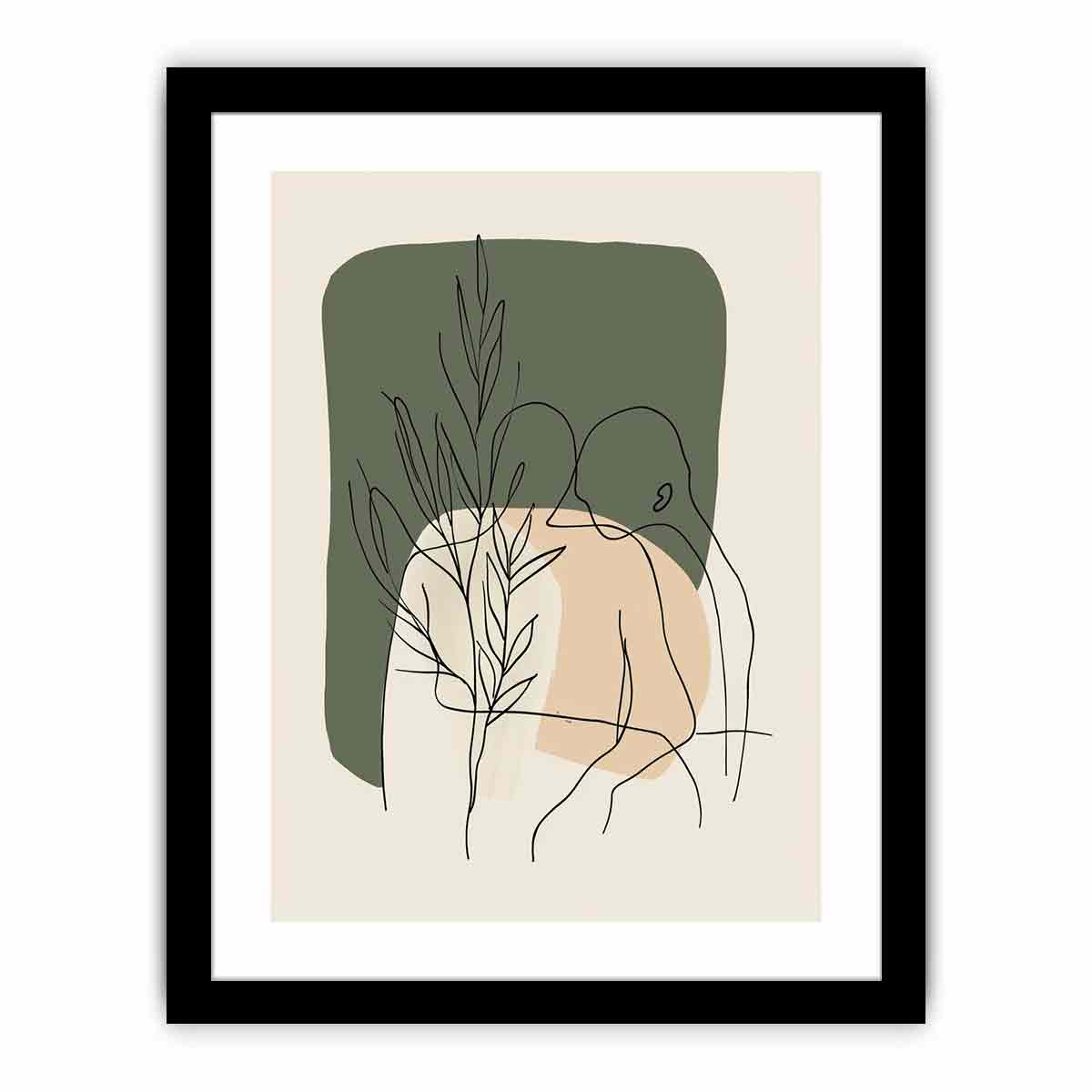 Botanical line art print with olive green shapes for earthy bedroom decor.