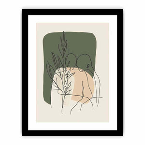 Botanical line art print with olive green shapes for earthy bedroom decor.