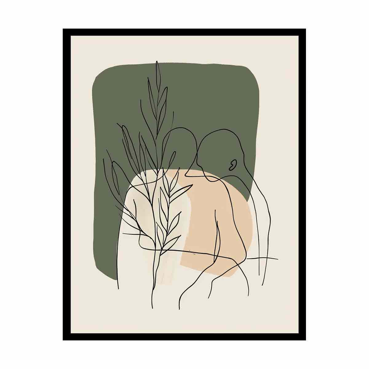 Botanical line art print with olive green shapes for earthy bedroom decor.