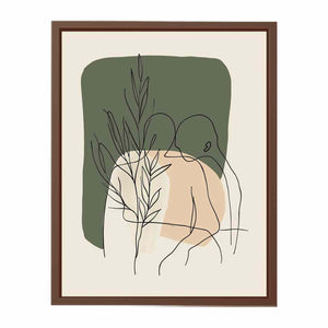Botanical line art print with olive green shapes for earthy bedroom decor.