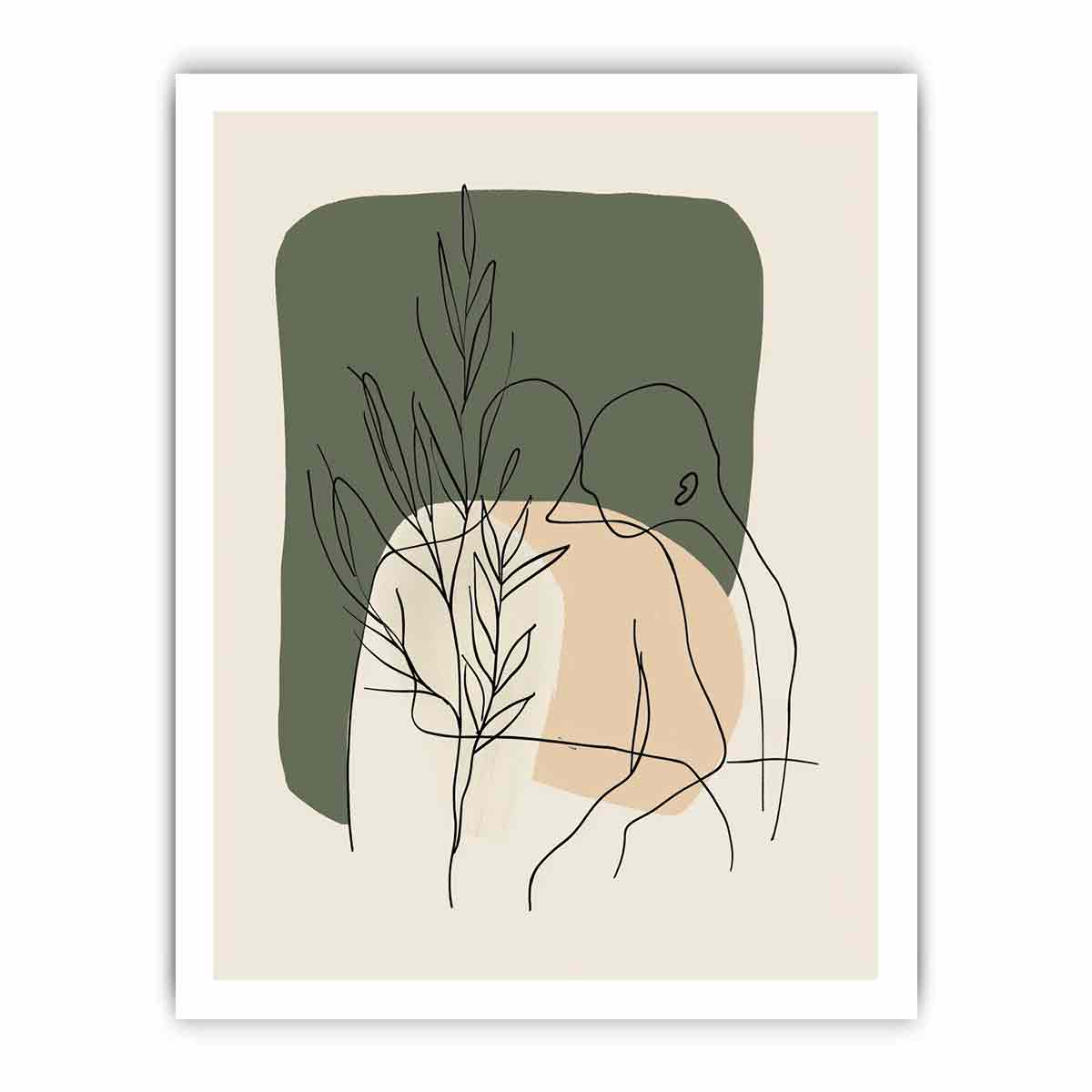Botanical line art print with olive green shapes for earthy bedroom decor.