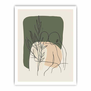 Botanical line art print with olive green shapes for earthy bedroom decor.
