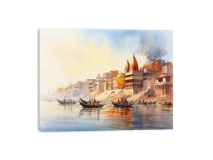 Vintage Banaras Ganga watercolor canvas art for elegant living room decor.