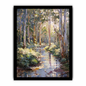 Forest creek canvas art with sunlit eucalyptus trees for peaceful living room decor.