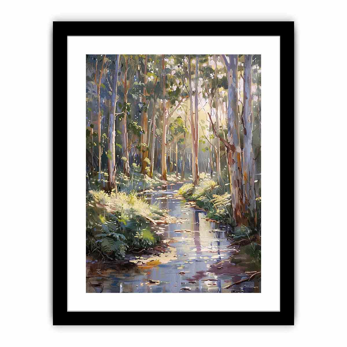Forest creek canvas art with sunlit eucalyptus trees for peaceful living room decor.