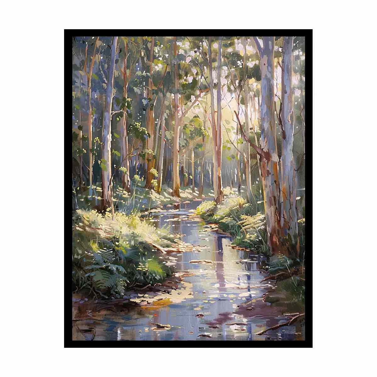 Forest creek canvas art with sunlit eucalyptus trees for peaceful living room decor.