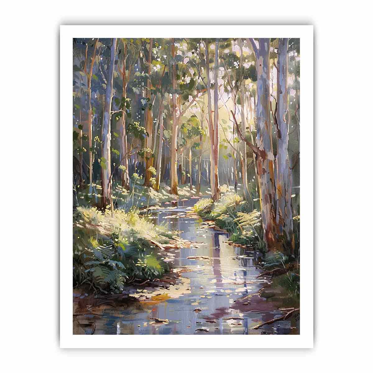 Forest creek canvas art with sunlit eucalyptus trees for peaceful living room decor.
