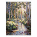 Forest creek canvas art with sunlit eucalyptus trees for peaceful living room decor.