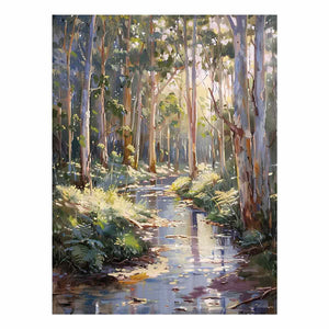Forest creek canvas art with sunlit eucalyptus trees for peaceful living room decor.