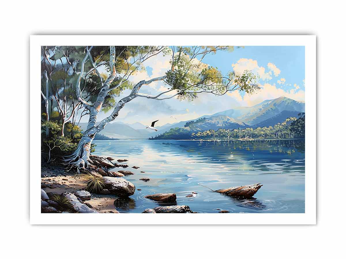 Blue lake landscape canvas art with mountains, trees, and birds for serene living room decor.