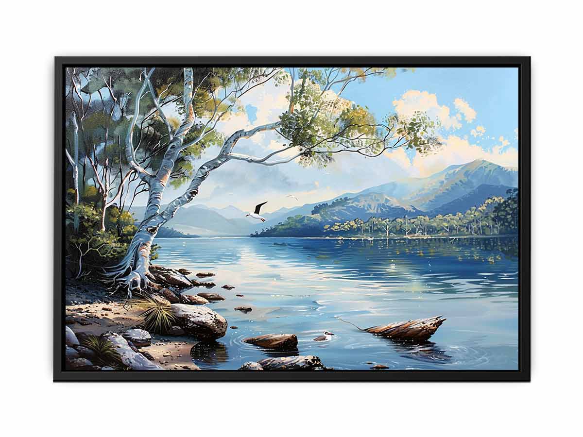 Blue lake landscape canvas art with mountains, trees, and birds for serene living room decor.